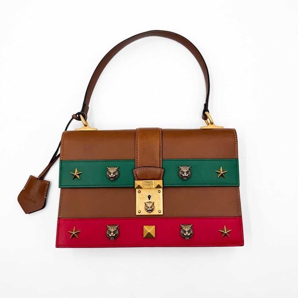 Gucci Leather Cat Lock Top Handle Bag Brown Purse Shoulder Bag